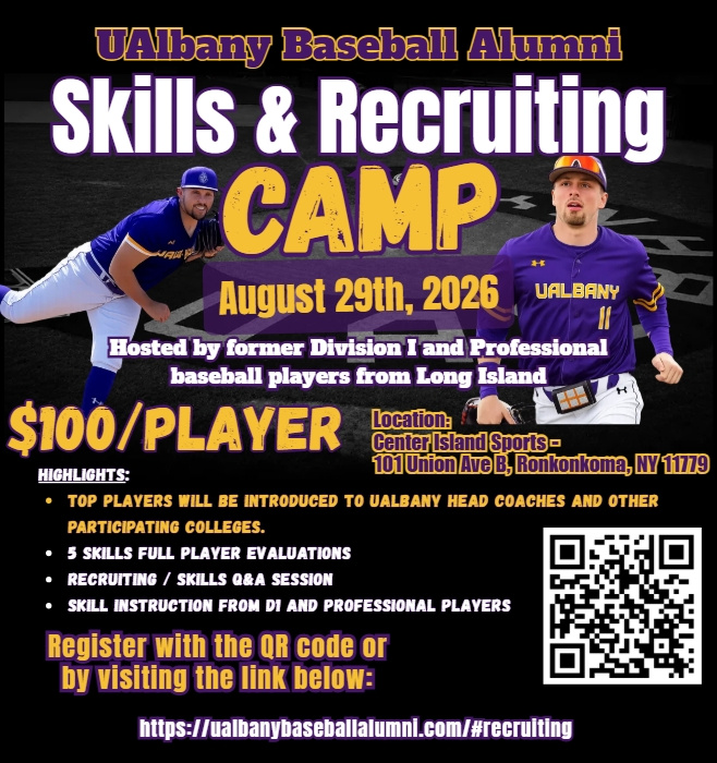 UAlbany Baseball Alumni Association Recruiting Camp Flyer